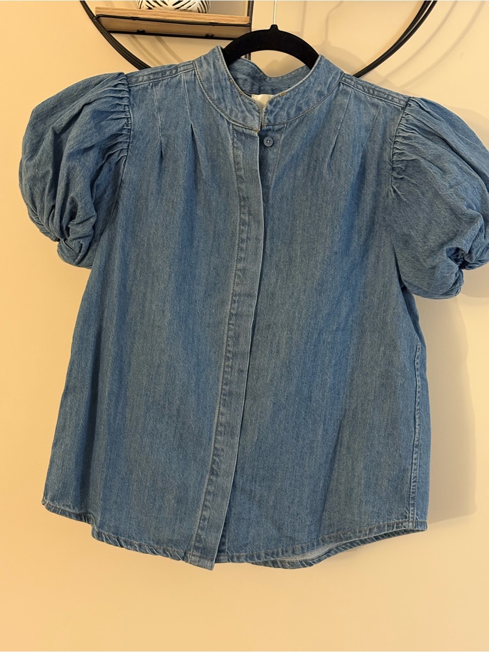 Denim Puff-Sleeve Blouse - Blue